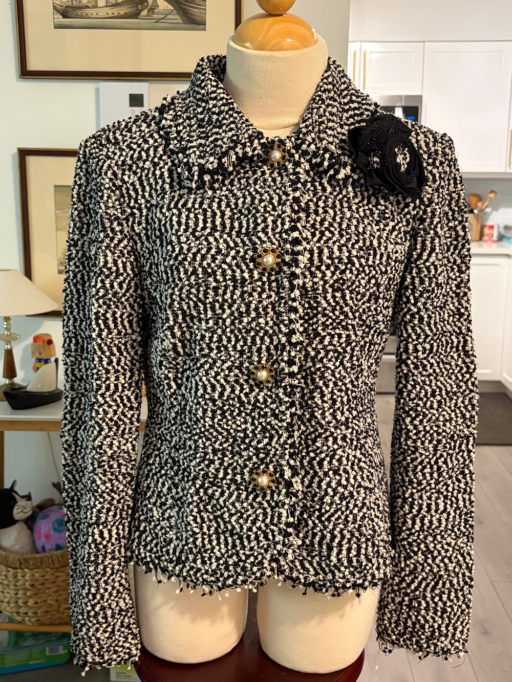 St. John Black and White Bouclé Jacket with Decorative Pearl Buttons